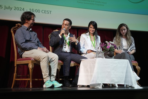 Ignacio Packer (left) in dialogue with representatives of Creative Leadership, Jonas Truneh, Maruee Pahuja and Sidra Raslan, at the Caux Democracy Forum 2024 